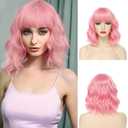 Short Pink Wavy Wigs with Bangs Pink Bob Wig for Women 12 Inch Colored Wig Synthetic Fiber Hair Wigs for Halloween Cosplay Use