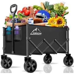 Collapsible Folding Wagon Cart, 350LBS Utility Large Capacity Cart Foldable Wagon with All Terrain Wheels, Grocery Wagons Carts for Garden Shopping Sports Camping, Black (100L)