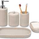 Bathroom Accessory Set 5Pcs- Lotion Soap Dispenser,Toothbrush Holder,Qtip Holder Dispenser,Vanity Tray and Soap Dish-Modern Bathroom Decor Vanity Countertop Organizer,Beige