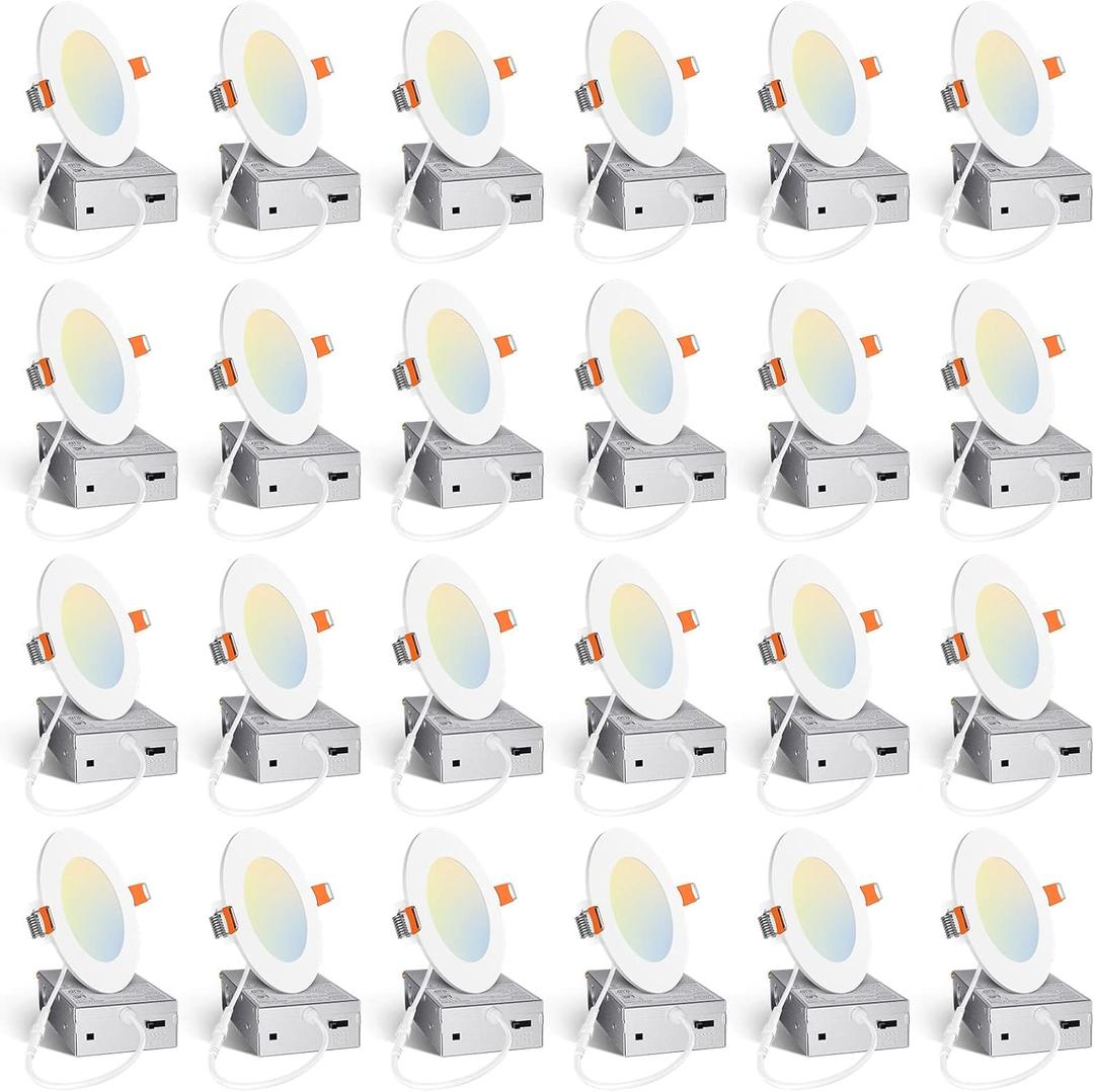 Amico 24 Pack 4 Inch 5CCT Ultra-Thin LED Recessed Ceiling Light with Junction Box, 2700K/3000K/3500K/4000K/5000K Selectable, 10W Eqv 60W, Dimmable Can Light, 800LM High Brightness Downlight - ETL&FCC