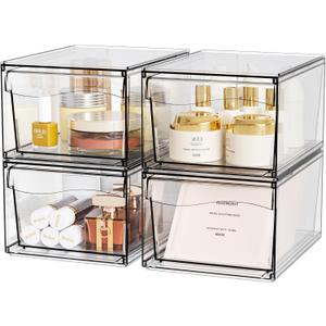 4 Pack Clear Stackable Storage Drawers,4.4'' Tall Acrylic Bathroom Makeup Organizer and Medicine,Baby Bottle Storage Containers Box,Plastic Pull Out Storage Bin for Vanity Countertop,Desk (Pack of 4)
