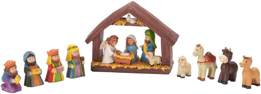 HOLIDAY PEAK Handpainted Resin Tabletop Nativity Scene - Set Includes 5"x6" Manger, Plus 8 Nativity Pieces - Perfectly Sized Christmas Decoration