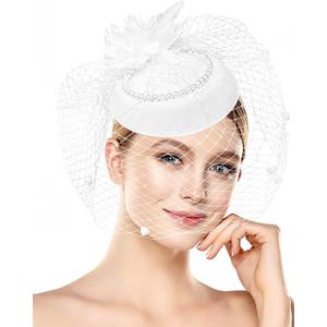 1920s Vintage Fascinators Hats Pillbox Hat with Veil Top Hat for Women Cocktail Tea Party Wedding Halloween Christmas (One Size)