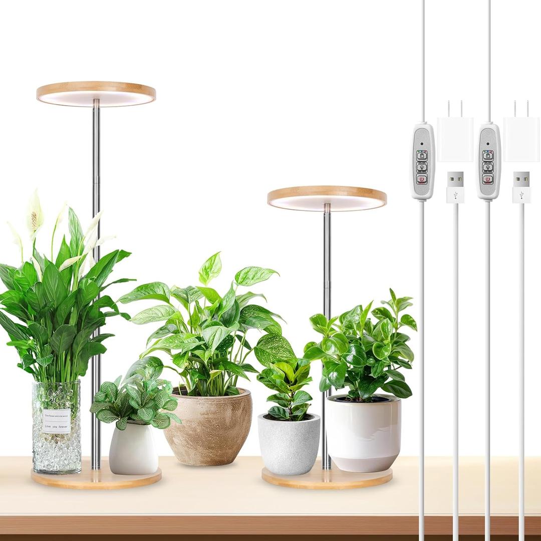 LORDEM Bamboo Grow Light, LED Plant Light for Indoor Plants Growing, Full Spectrum Bamboo Desk Growth Lamp with Automatic Timer for 4H/8H/12H, 4 Dimmable Levels, Height Adjustable, Pack of 2
