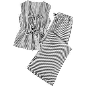 Women's Striped 2 Piece Set Tie Front Peplum Tank Tops and Wide Leg Pants Sets Black Large (L)