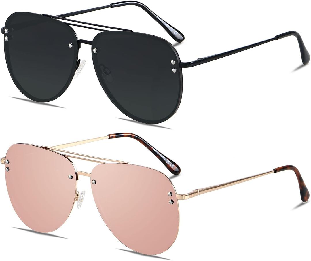 ANDWOOD Oversized Aviator Sunglasses for Women Men Big Large Rimless Metal Frame with Spring Hinges