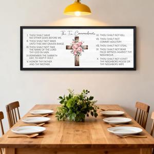 The Ten Commandments Wall Decor, 40x15 Inch Framed Wooden Sign, Religious Bible Verse Wall Art for Living Room, Farmhouse God Jesus Christ Prayer Scripture Plaque, Black