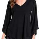 Wielsscca Women's Blouses and Tops Dressy Casual 3/ 4 Sleeve Summer Ladies Loose V Neck Double Layers Tunic Black, M