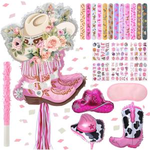119pcs Cowgirl Boot Piñata Western Hat Piñata with Blindfold Hitting Stick Confetti Balloons Snap Bracelets Stickers for Birthday Party Supplies (16.53 x 11.81 x 2.75 inch)