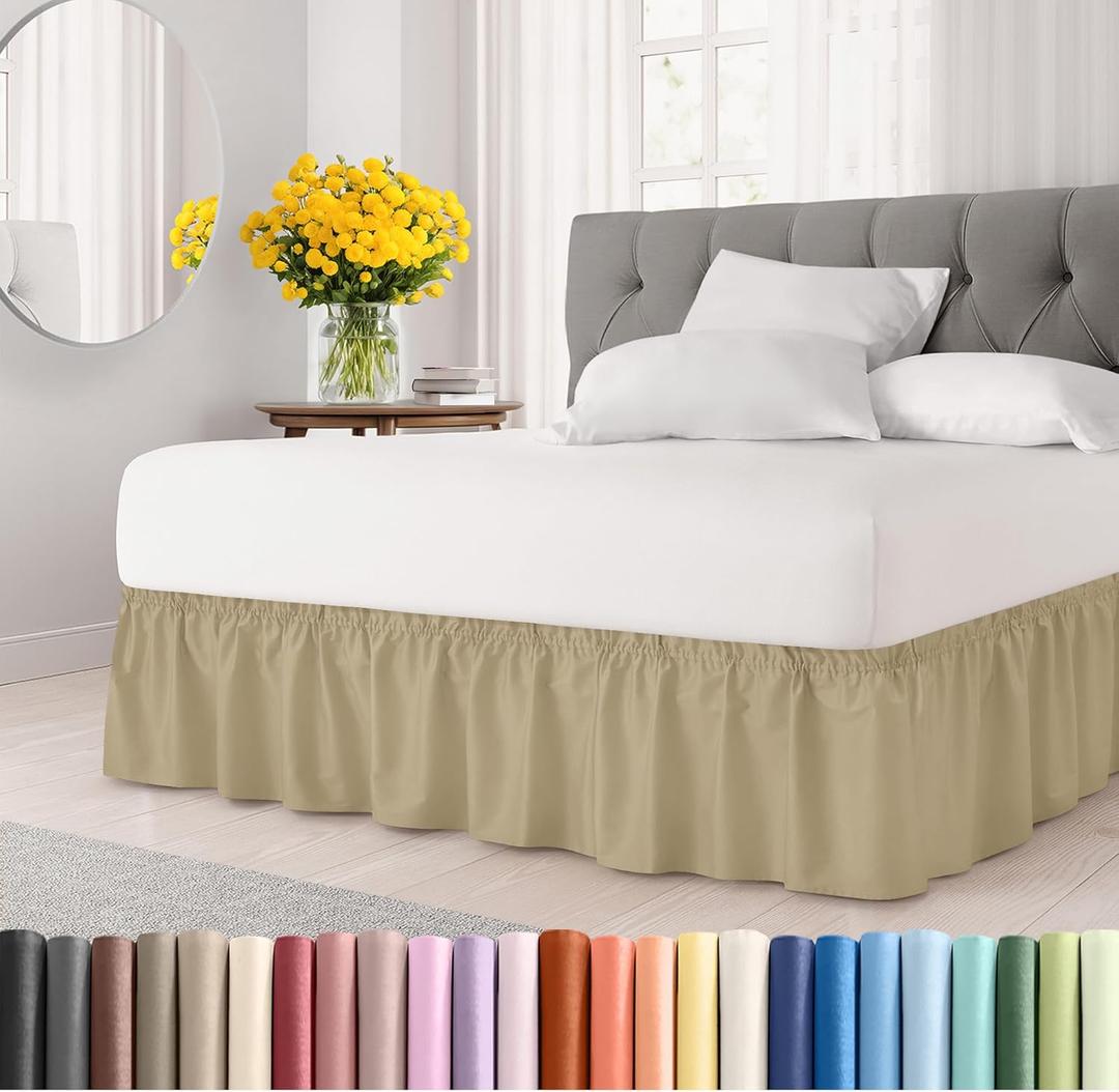 Wrap Around Dust Ruffle Bed Skirt - Beige - for Queen Size Beds with 15 Inch Drop - Easy Fit Elastic Strap - Adjustable Pleated Bedskirt w/Brushed Fabric - Wrinkle Free - for Women, Men, Kids & Teens