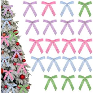 24 Pcs Candy Christmas Bows for Christmas Tree 6 Inch Candy Velvet Ribbon Bows for Wreath Xmas Gift Wrapping Garland Wedding Holiday Party Crafts Decoration(Pink, Blue, Purple, Green)