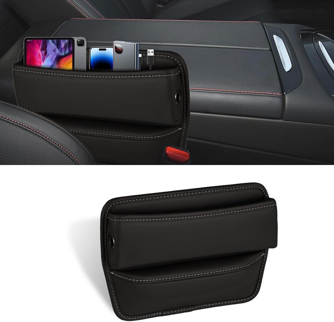 Car Seat Gap Organizer, Car Seat Side Pocket Organizer, Premium Leather Car Seat Storage Box, Car Organizers Multifunctional Car Seat Gap Filler for Storing Phones, Glasses, Keys (Black)
