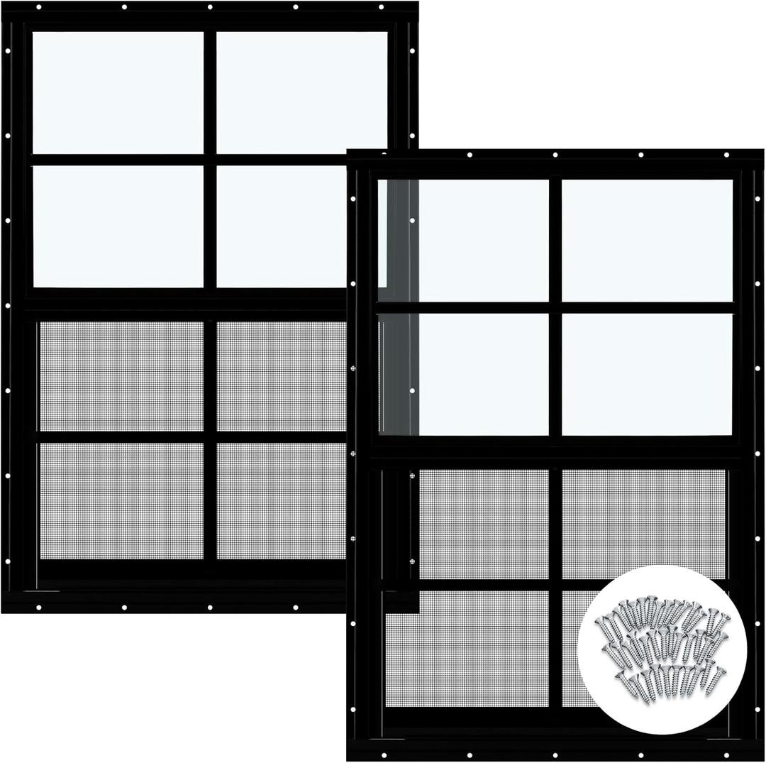 Tandefio 2 Pcs 18'' x 27'' Black Shed Window Transom Windows for Chicken Coop with Tempered Glass and Screen Household Windows with Vertical Slider and Screws for Mobile Home Sheds Barns