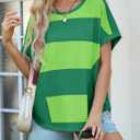 Tankaneo Womens Summer Tops Striped Oversized Short Sleeve Crew Neck Color Block Casual T Shirts Loose Basic Tee Blouses (Green, L)