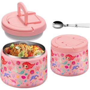14oz Insulated Vacuum Food Jar with Buckle Lid,Soup Thermo for Hot Food Kids,Wide Mouth Leakproof Stainless Steel Lunch Container with Spoon-Mermaid