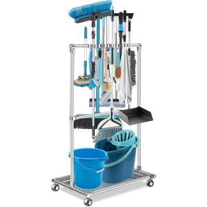 Broom Holder Organizer Movable Closet Storage Cabinet Mop Rack Floor Standing Cleaning Supplies Tool Cart For Garden Garage Schools Hotels Hospitals Factories Property Companies Restaurant (10 Racks)