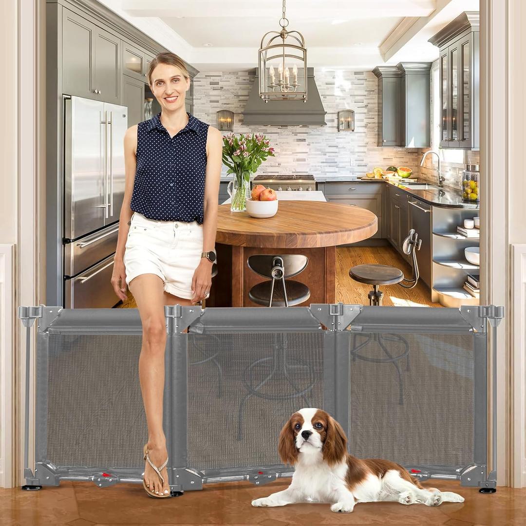 24 Inch Tall Freestanding Dog Gates for The House, 3 Dog Fence Panels Step Over Pet Gate for Stairs, Safety Fence with Suction Cups, 60" Wide Foldable Dog Gate Pet Gates for Doorways No Drilling, Gray