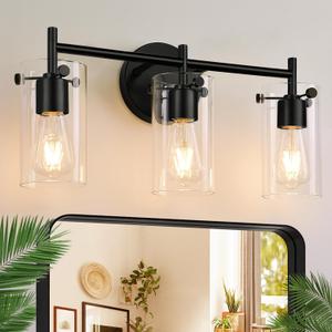 Bathroom Light Fixtures 2023 Upgrade, 3-Light Matte Black Vanity Light, Black Bathroom Lights Over Mirror with Clear Glass Shade, Wall Sconces for Mirror Bedroom Living Room Hallway