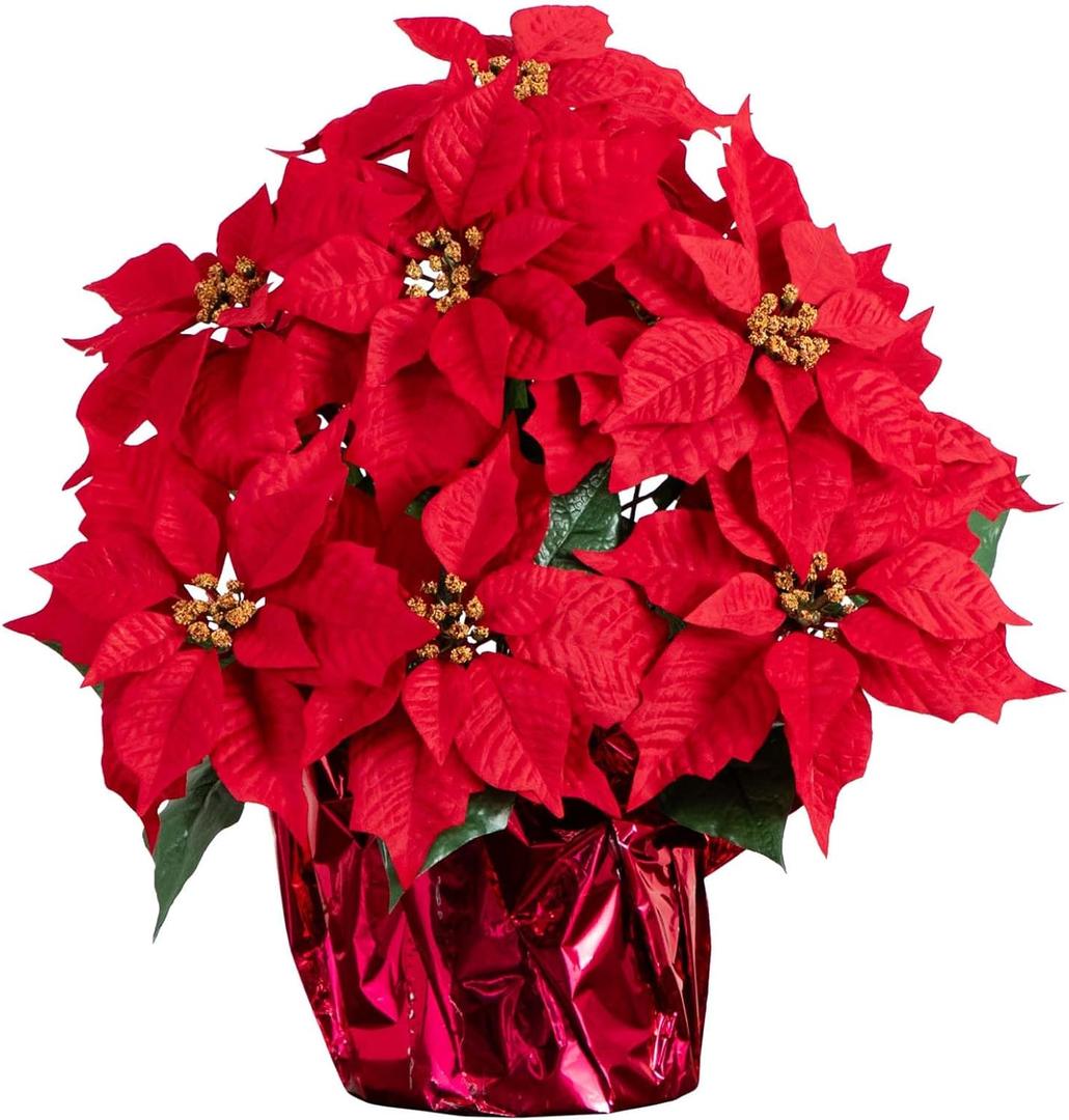 Nearly Natural 19in. Artificial Lush Poinsettia Arrangement in Red Wrapped Planter