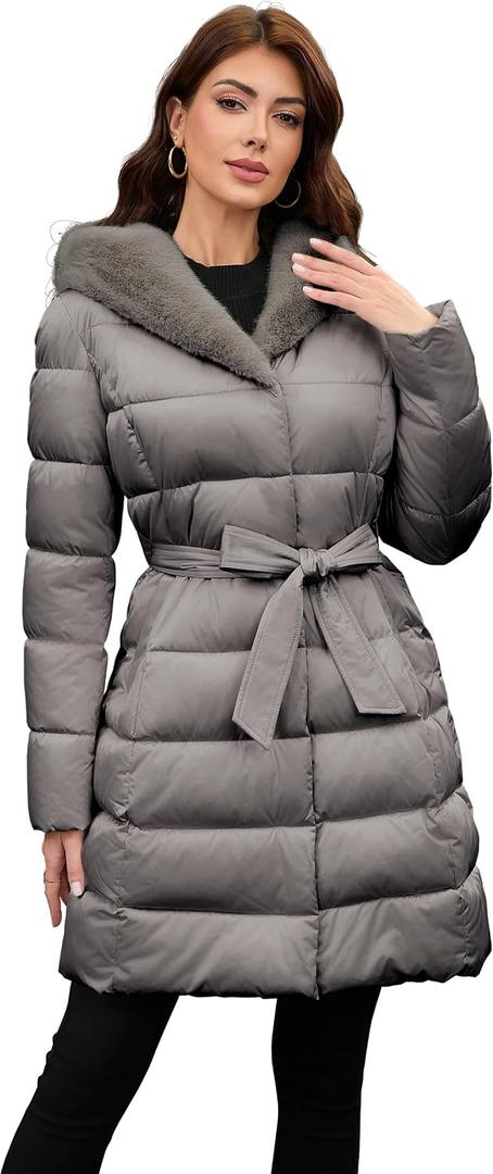 PAPILLON D'OR WEAR YOUR WINGS Women's Long Puffer Coat with Belt, Hood & Furry Lining - Knee-Length Winter Jacket (Gray, L)