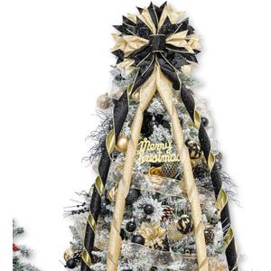 Hismir Christmas Tree Topper Bow, 53x13 Inches Large Christmas Bow with Glitter Streamer, Decorative Ribbon Bows for Xmas Tree Wreath Door Festival Home Decor(Black & Gold)