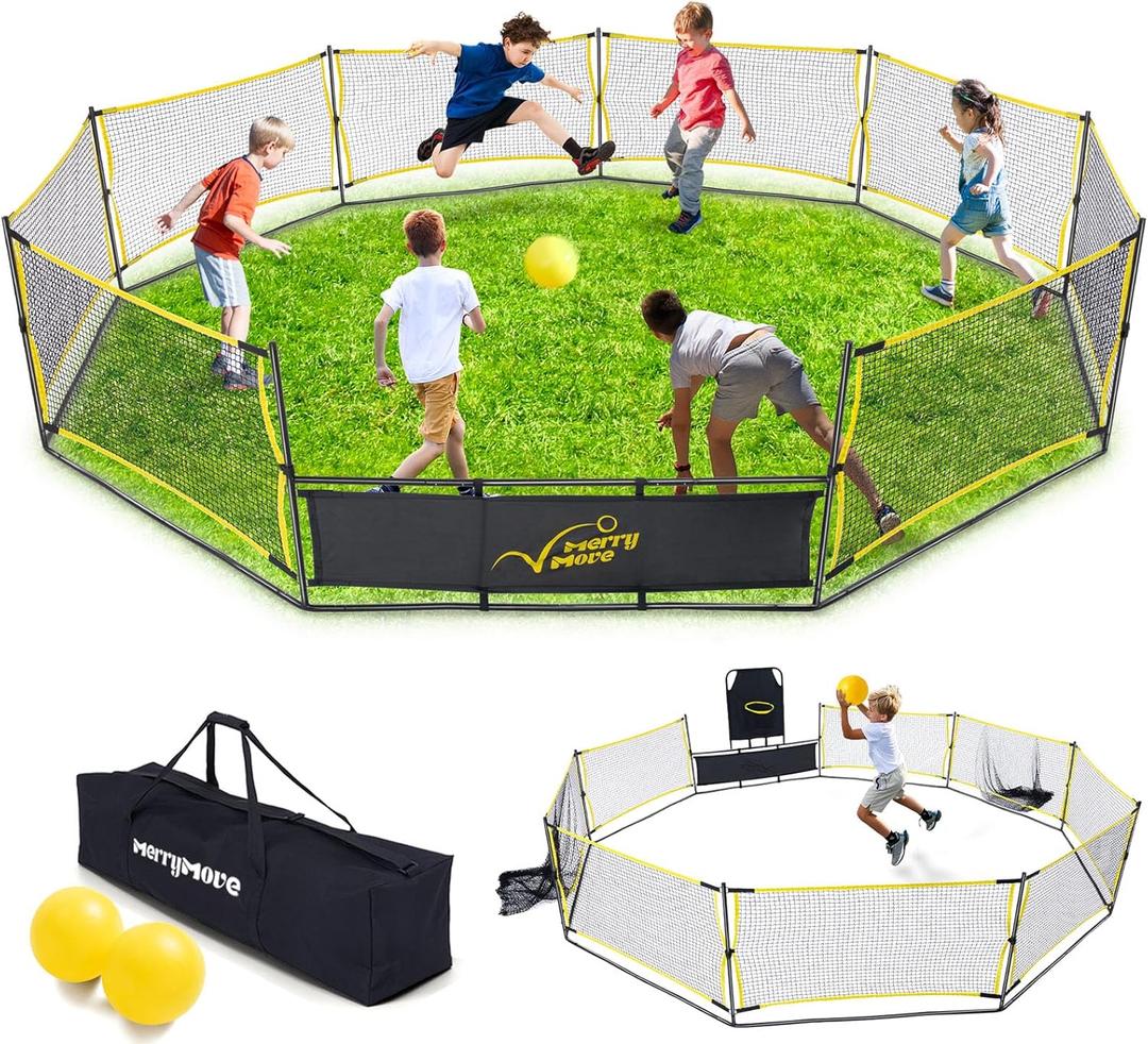 Gaga Ball Pit Portable: 15FT 3in1 Gaga Pit with Basketball Hoop and Soccer Goals - Play System for Kids 4 to 12 Years Old Indoor Outdoor for Backyard School Camp Activities (15ft-yellow&black)