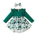 Noubeau Infant Baby Girl St.Patrick's Day Dress Ruffle Long Sleeve Romper Top Lucky Clover Print Skirt Outfits+Headband(Green-1,9-12 Months)