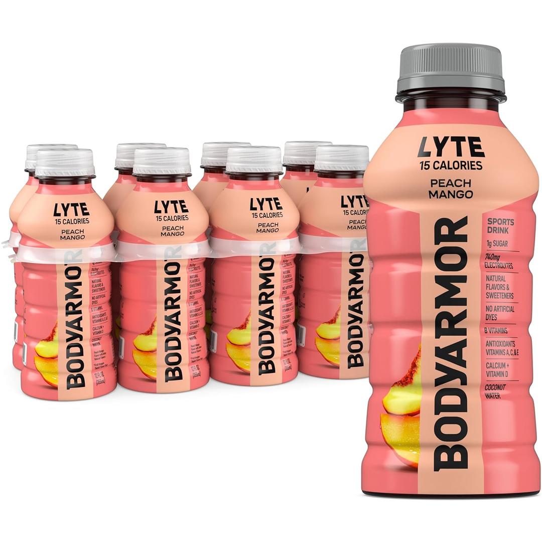 BODYARMOR LYTE, Peach Mango, Electrolyte Drink, 15 Calories, 12 Fl Oz Bottles (8 Pack), Coconut Water Sports Drink, Natural Flavor & B Vitamins (EXP 08/06/26)