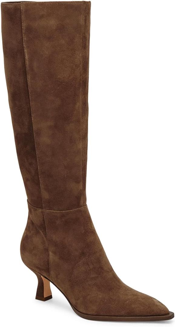 Coutgo Womens Knee High Boots Kitten Low Heel Pointed Toe Tall Boots Side Zipper Winter Dress Shoes (Brown, Size 8.5)
