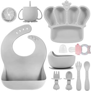 Silicone Baby Feeding Set 10 Pcs Baby Led Weaning Supplies Suction Bowl Divided Plate Baby Bibs Fruit feeder Pacifier Baby Spoons Forks Sippy Cup Utensil Sets Baby Essentials for Newborn Grey (Gray)