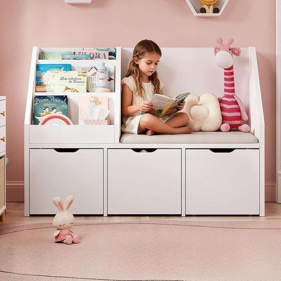 40" Kids Reading Nook with Bench, Toy Storage Organizer and Bookshelf with Seat Cushion, Kids Bookshelf with 3 Movable Drawers, Toy Storage Box on Wheels, Ideal for Nursery, Playroom, Bedroom, White, Medium
