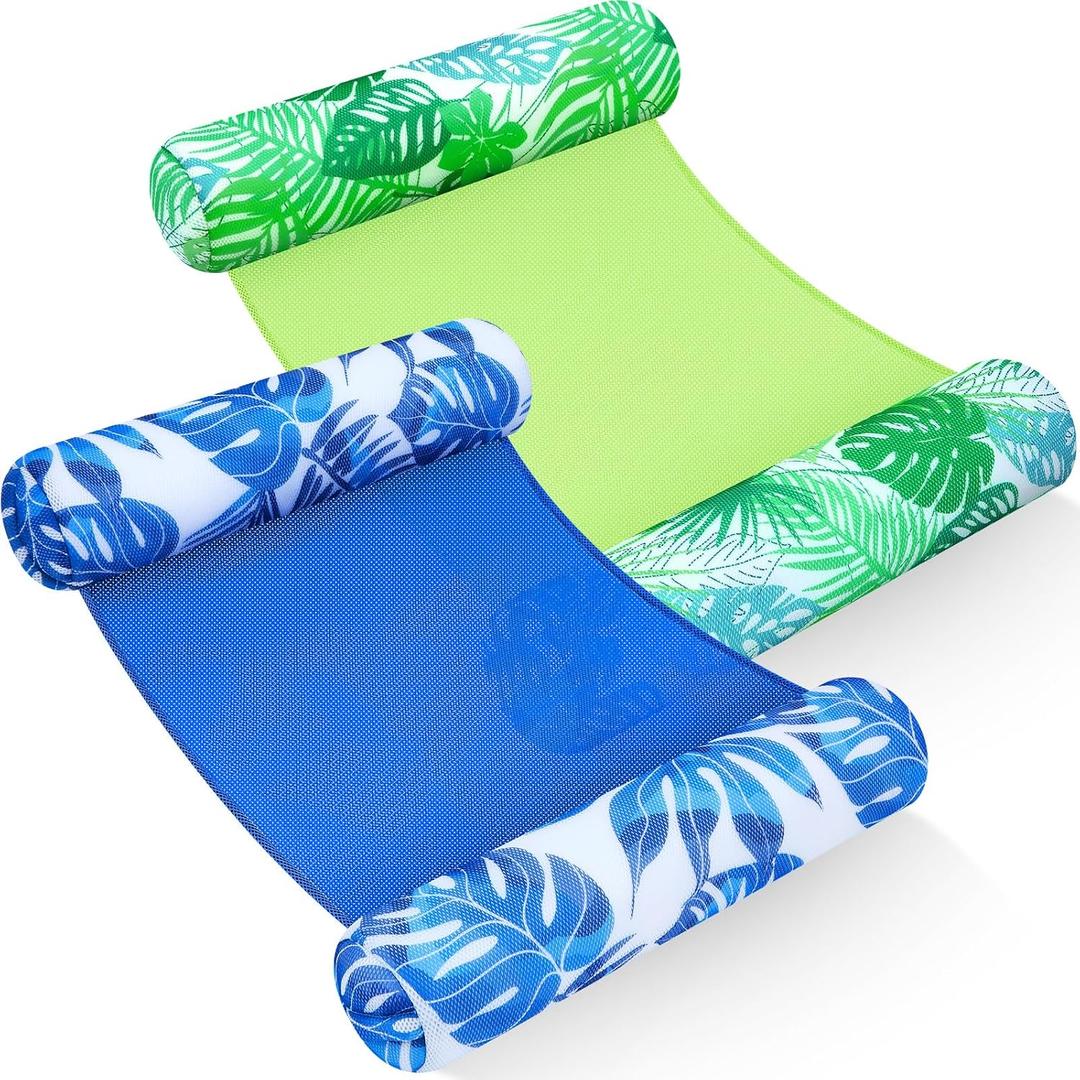Lunmon 2 Pack Pool Floats Foam Hammock for Adults Large Swim Noodles Bag Non Inflatable Floating Bag Lounge Chairs PVC Bean Quick-Drying Mesh Summer Beach Party(Blue and Green,Leaf)