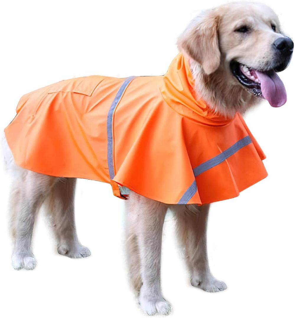NACOCO Large Dog Raincoat Adjustable Pet Waterproof Clothes Lightweight Rain Jacket Poncho Hoodies with Strip Reflective (L, Orange)