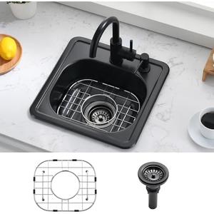 15 Inch Black Drop In Bar Sink-Bokaiya 15x15 Small Wet Bar Prep Sink Outdoor Rv 18 Gauge Stainless Steel Single Bowl Kitchen Sinks with Dish Grid