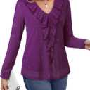 Gaharu Women's Dressy Blouses Long Sleeve Ruffle Shirts Casual Loose Fit Mesh Double Layers Flowy Tunic Tops (Purple)