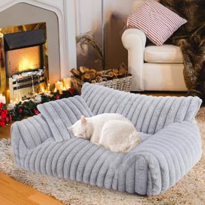 Cute Cat Couch Bed for Indoor Cats, Fluffy Pet Cat Sofa with Premium Soft Corduroy Fleece, Cute Small Dog Beds for Small Dogs, Fuzzy Puppy Chair with Removable Washable Cover (30x20x10,Grey) (Medium)