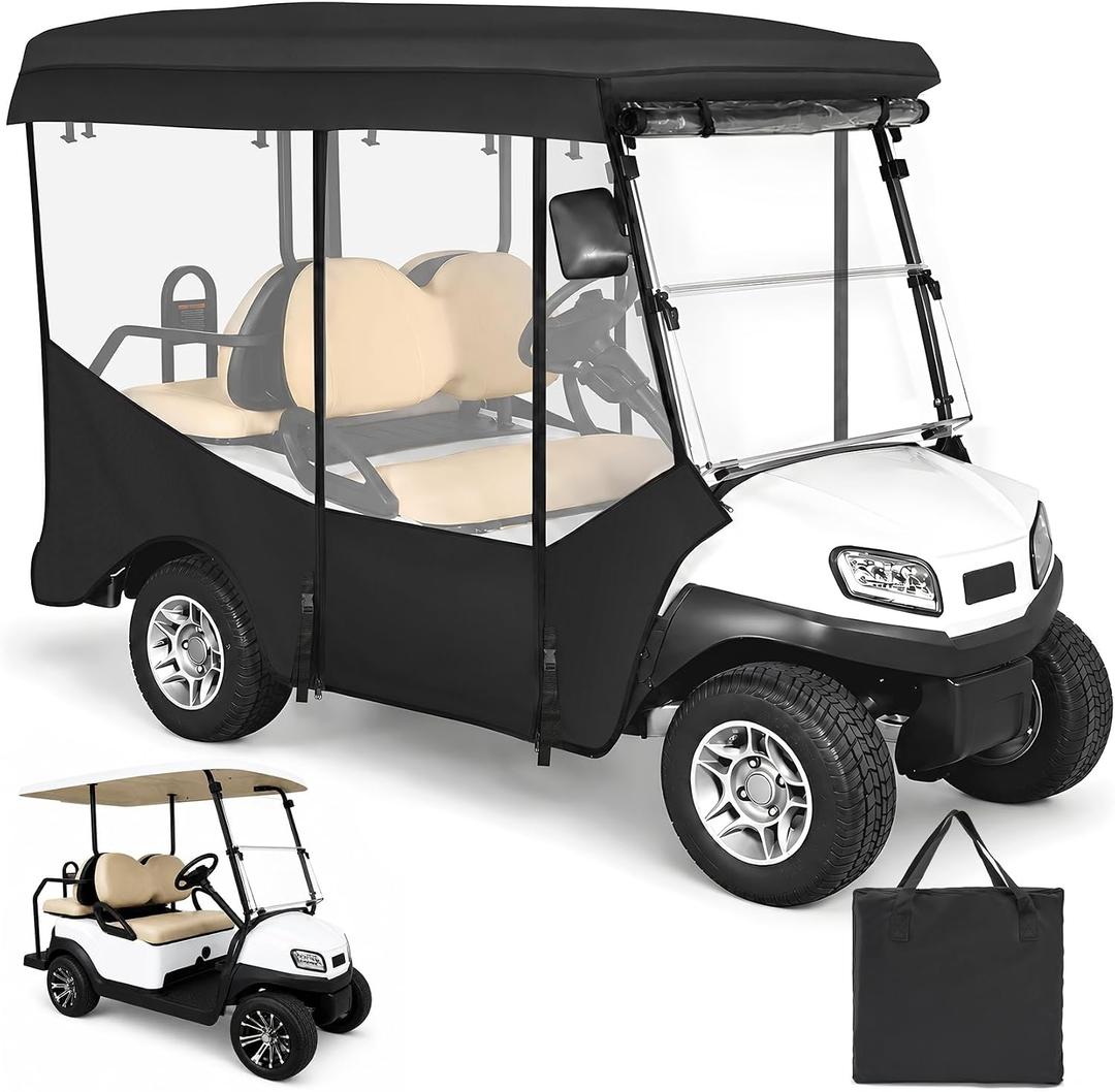 Golf Cart Enclosure 4 Passenger, Applicable EZGO TXT RXV and Fit Club Car Onward Tempo, 600D Waterproof Transparent Rain Cover, Black Roll-up Door, Transparent Windows On All Four Sides