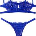 Lilosy Sexy Eyelash Underwire Floral Lace Sheer O Ring Linked Cutout Lingerie Set 2 Piece (Blue, L)