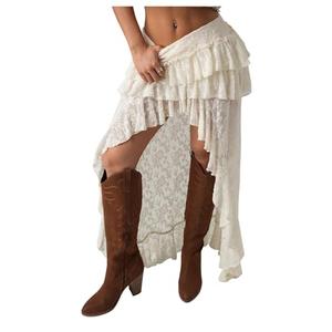SHENHE Women's High Low Lace Skirt Low Rise Layered Ruffle Western Boho Hippie Fairy Long Skirt Apricot Large