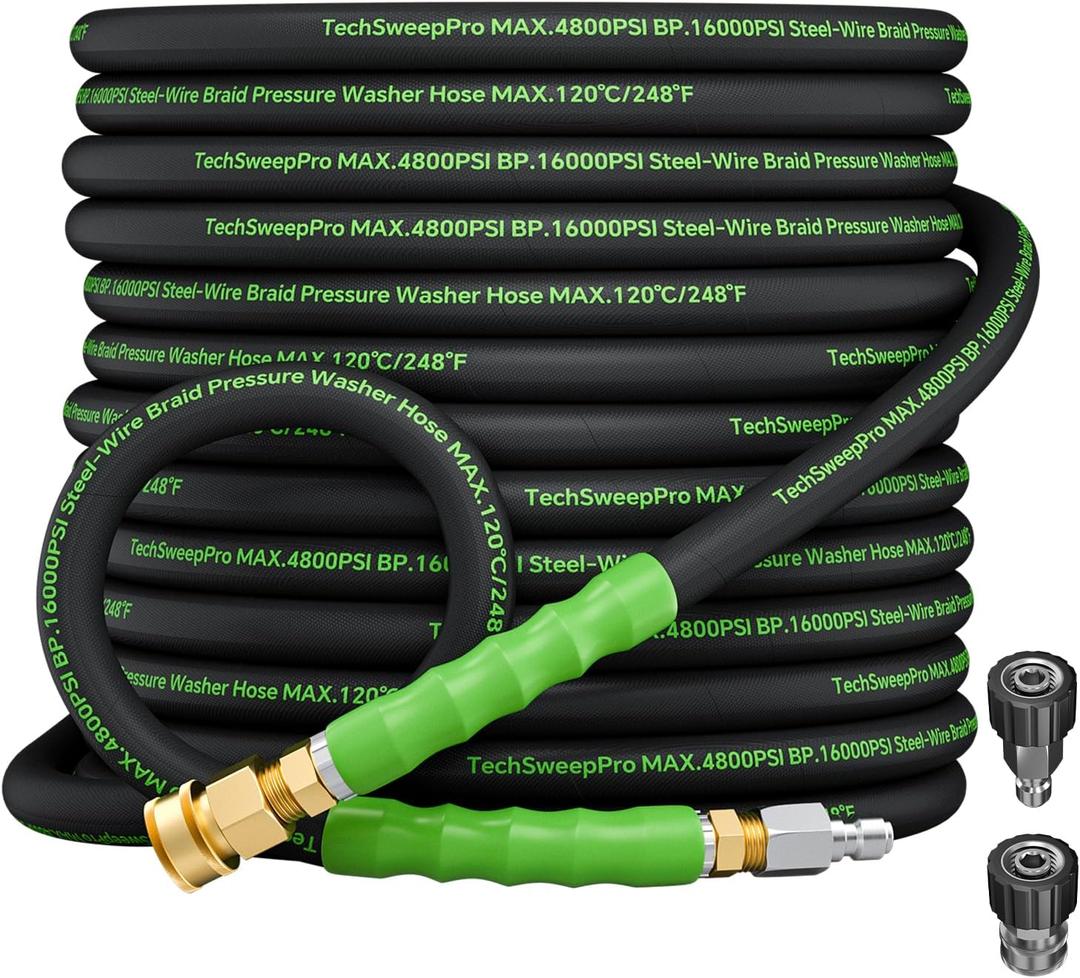 3/8" 4800PSI Pressure washer hose 50ft for cold and hot water Max 248F with 3/8"quick connect Kink resistant Steel Wire Braided Power Washer Hose with M22 14mm AdapterGreen
