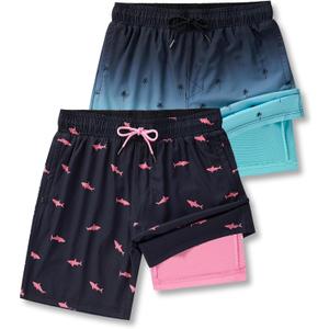 2 Pack: Men's 7" Swim Trunks with Compression Liner, Quick Dry Stretch Swimming Shorts Bathing Suits Swimwear (XX-Large, Aqua/Black)