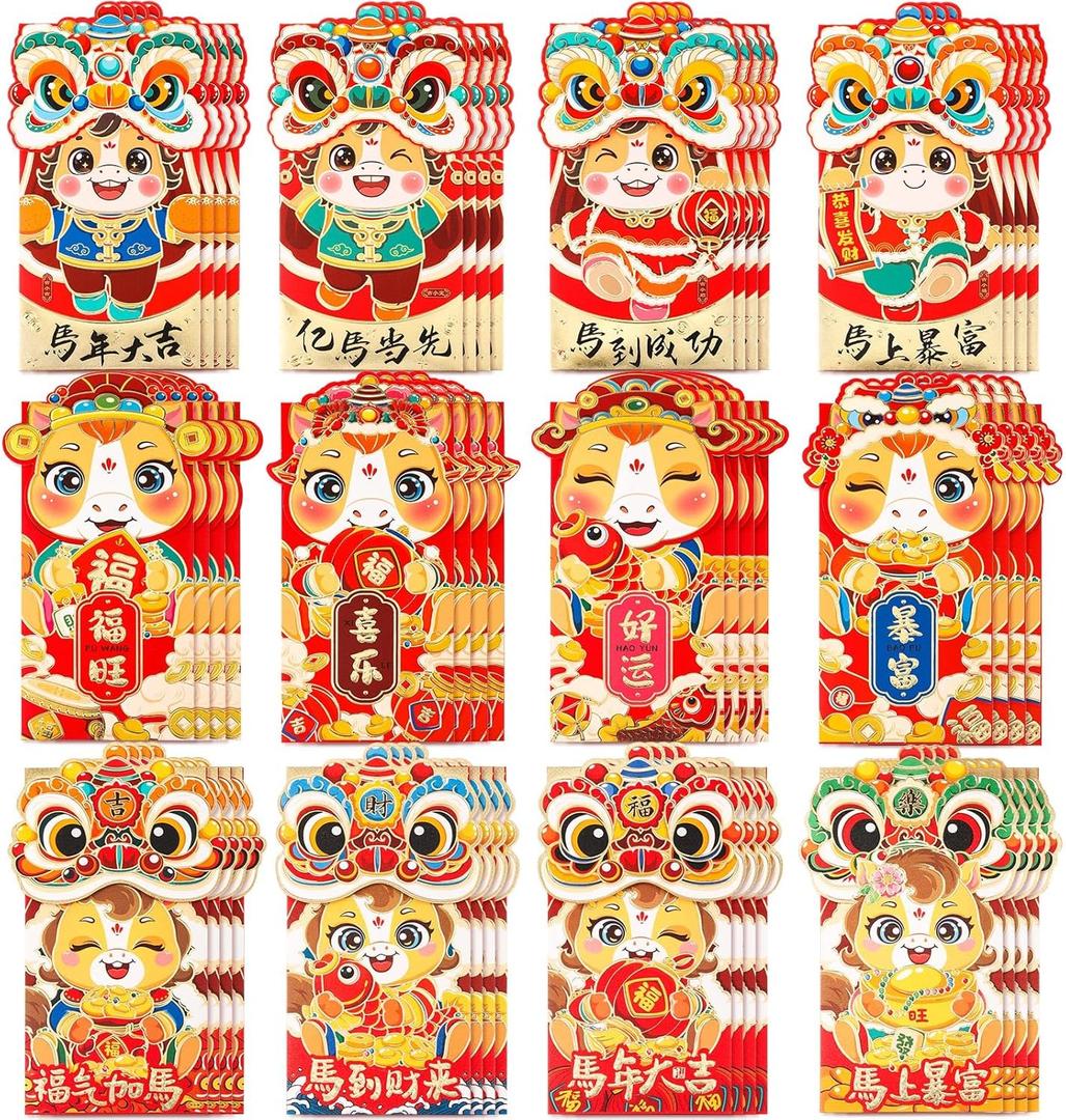 Tinlade 2026 Chinese New Year Red Envelopes Bulk Money Envelopes for Chinese Lunar 2026 Horse Year Lucky Money Hong Bao Packets for Spring Festival Gifts Celebrations