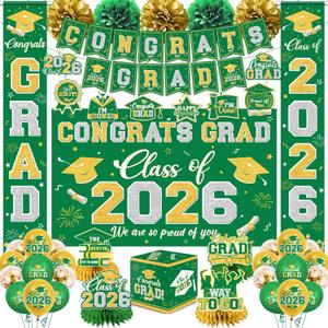 Graduation Decorations Class of 2026 Green and Gold Graduation Decorations with Congrats Grad Banner,Backdrop,Porch Sign,Balloons,Hanging Swirls,Honeycomb Centerpieces,Box for Graduation Party Decor