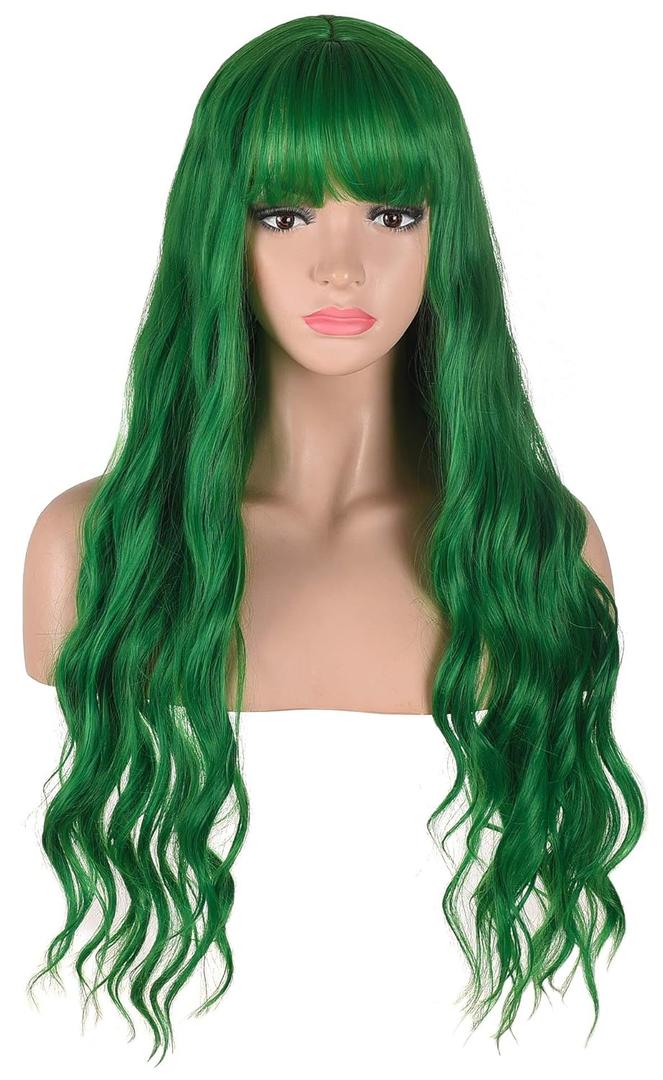 Long Wavy Green Wig with Bangs | Heat Resistant Synthetic Hair Wigs for Women Halloween Costume Cosplay Party