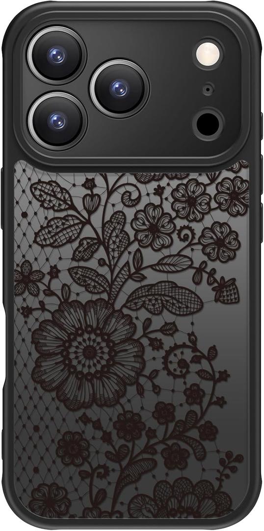 FUNMIKO for iPhone 17 Pro Max Phone Case Cute - Wireless Charging & Military-Grade Protection - Trendy Wildflower Design for Women Girls, Non-Slip Translucent Matte Hard Cover - Graceful Lace Floral