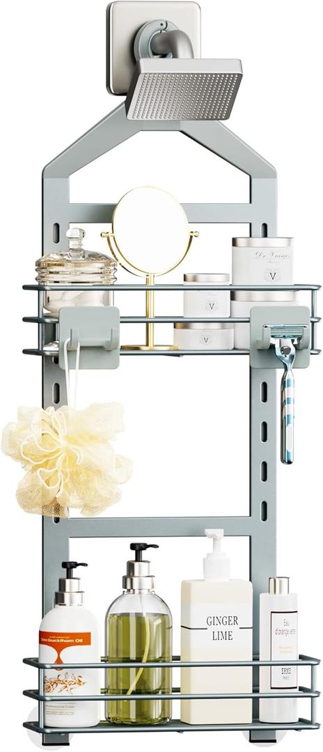 Orimade Adjustable Anti-slip Shower Caddy over Shower Head, Rustproof Bathroom Hanging Organizer with 2 Hooks for Razor, No Drilling Shelves Storage Rack 2 Tier, Light Grey