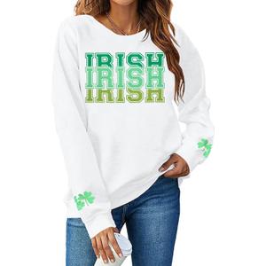 St Patricks Day Sweatshirt Women Shamrock Sweater Notre Dame Shirts Clover Top Irish Gift Long Sleeve Pullover (White, XL)