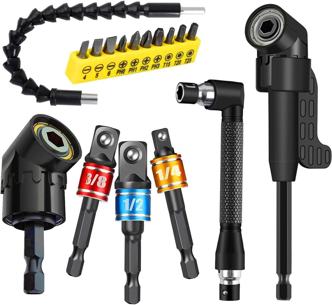 17pcs Flexible Drill Bit Extension, Include 3pcs Impact Socket Adapter 2pcs Hex Shank 105 Right Angle Drill Attachment 10 Short Screwdriver Bits Bendable Drill Bit Extension and 90 Angled Bits