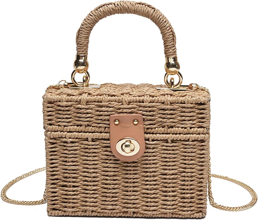Summer Straw Purse Beach Shoulder Bags for Women Cute Wicker Woven Basket Tote Box Purse Vacation Handbag