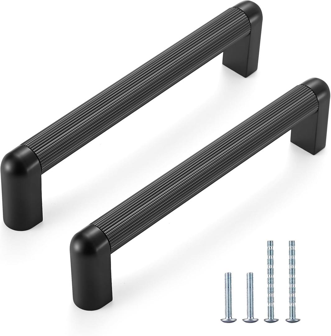 L&lonpa 10 Pack Matte Black Cabinet Handles-5 inch/128mm Screw Spacing Knurled Drawer Pulls, Durable Solid Cabinet Hardware, Modern Drawer Pulls for Kitchen Bedroom Bathroom Dresser